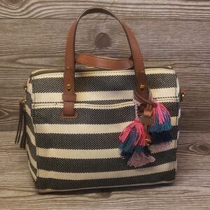Fossil striped gray and cream canvas satchel bag